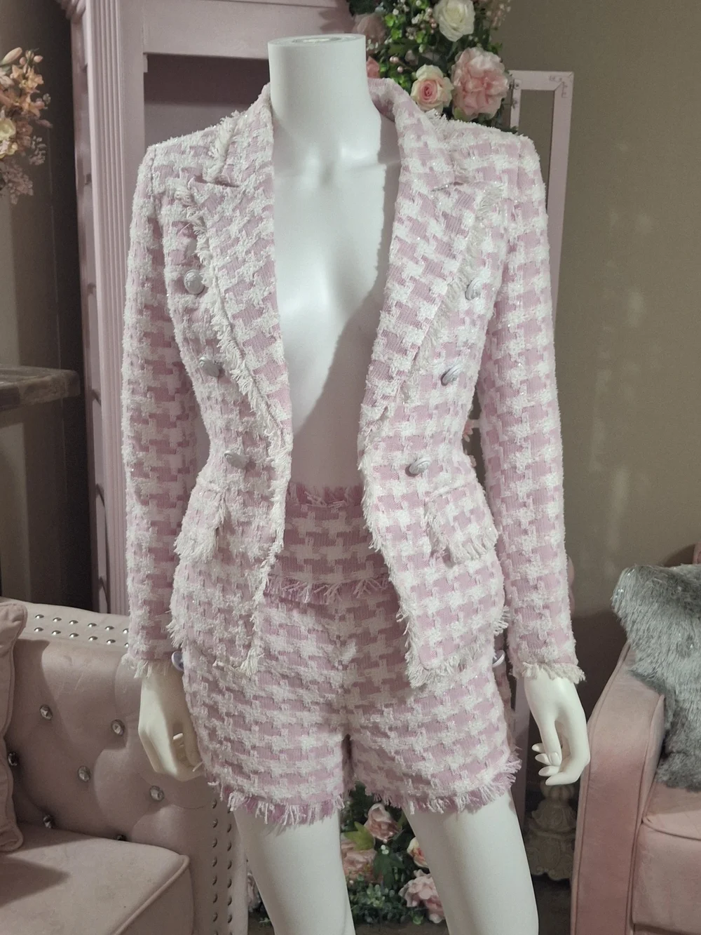 Pink White Houndstooth Bouble Breasted Tweed Blazer & Shorts NWOT  Size S
